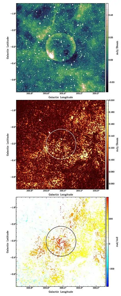 Радиоизображения Телеиоса, полученные с помощью ASKAP, как Стокса I (вверху), поляризованной интенсивности (PI) (в середине) и RM (внизу). ArXiv (2025)