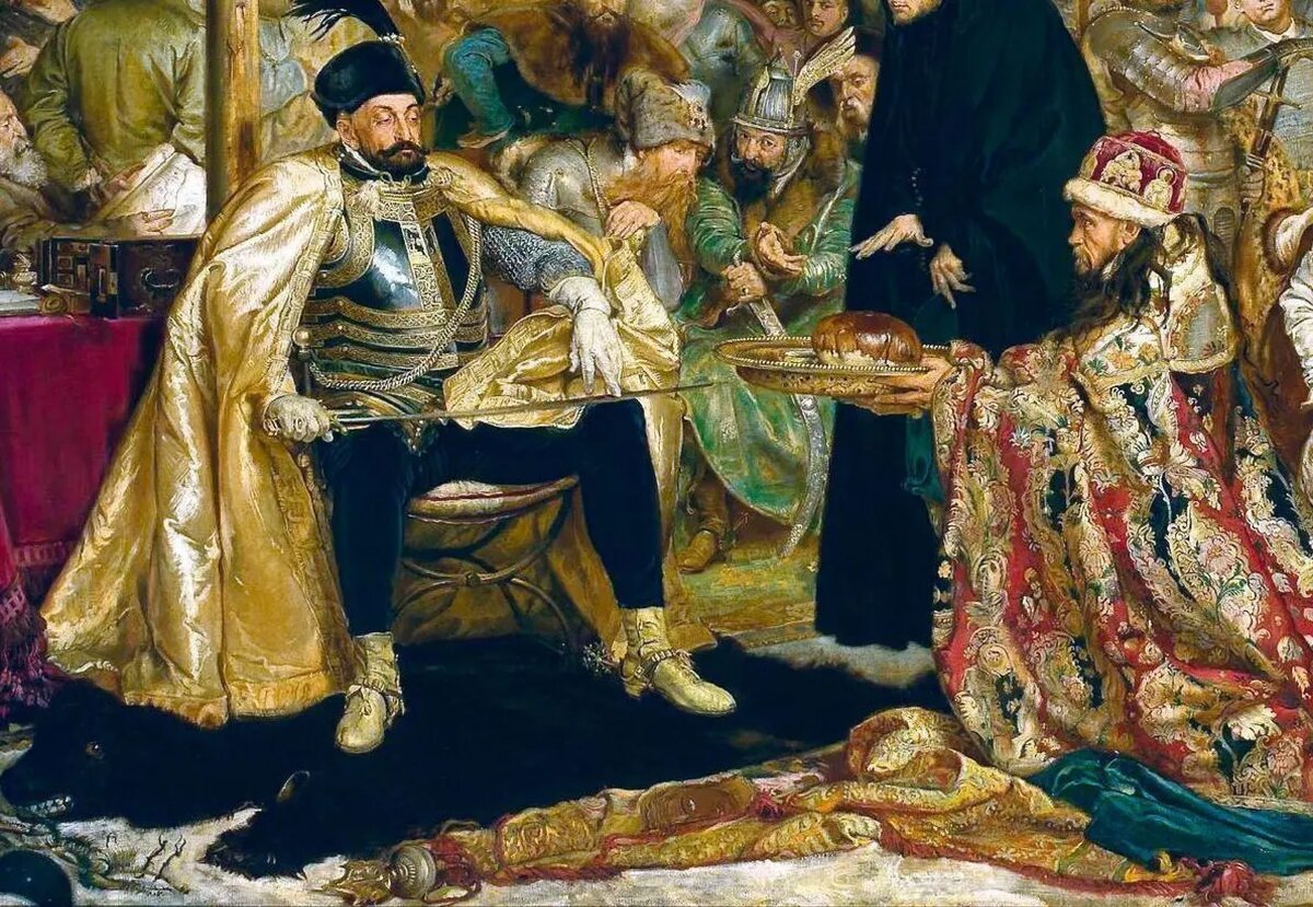 Стефан Баторий под Псковом. Фрагмент. Подношение хлеба. Автор Ян Матейко. 1872 год. Источник: https://artchive.ru/res/media/img/oy800/work/a2b/600441@2x.webp