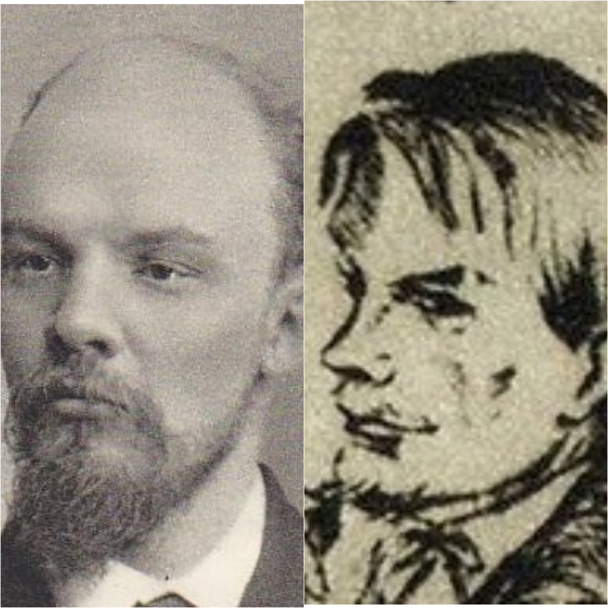 Слева В. И. Ульянов (Ленин) в 1890-е, справа Пётр Вкрховенский на одном из офортов Сарры Шор к роману Ф. М. Достоевского "Бесы“ издания 1934 года. Коллаж автора из фото в свободном доступе 