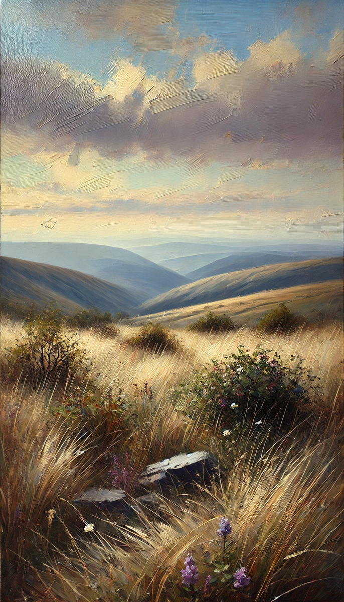 Осенний склон с сухой травой и спокойным небом