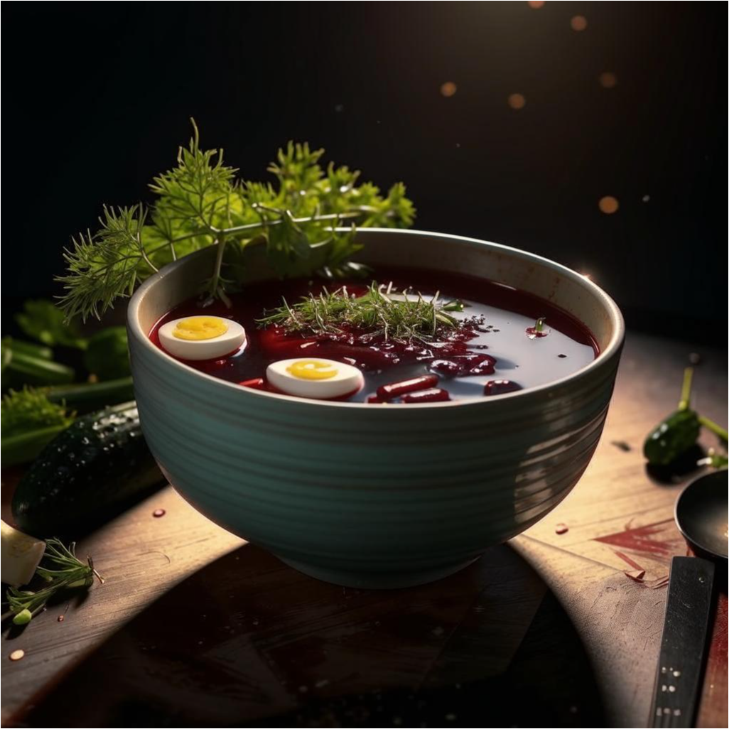 хлодный свекольник с яйцом и огурцами.