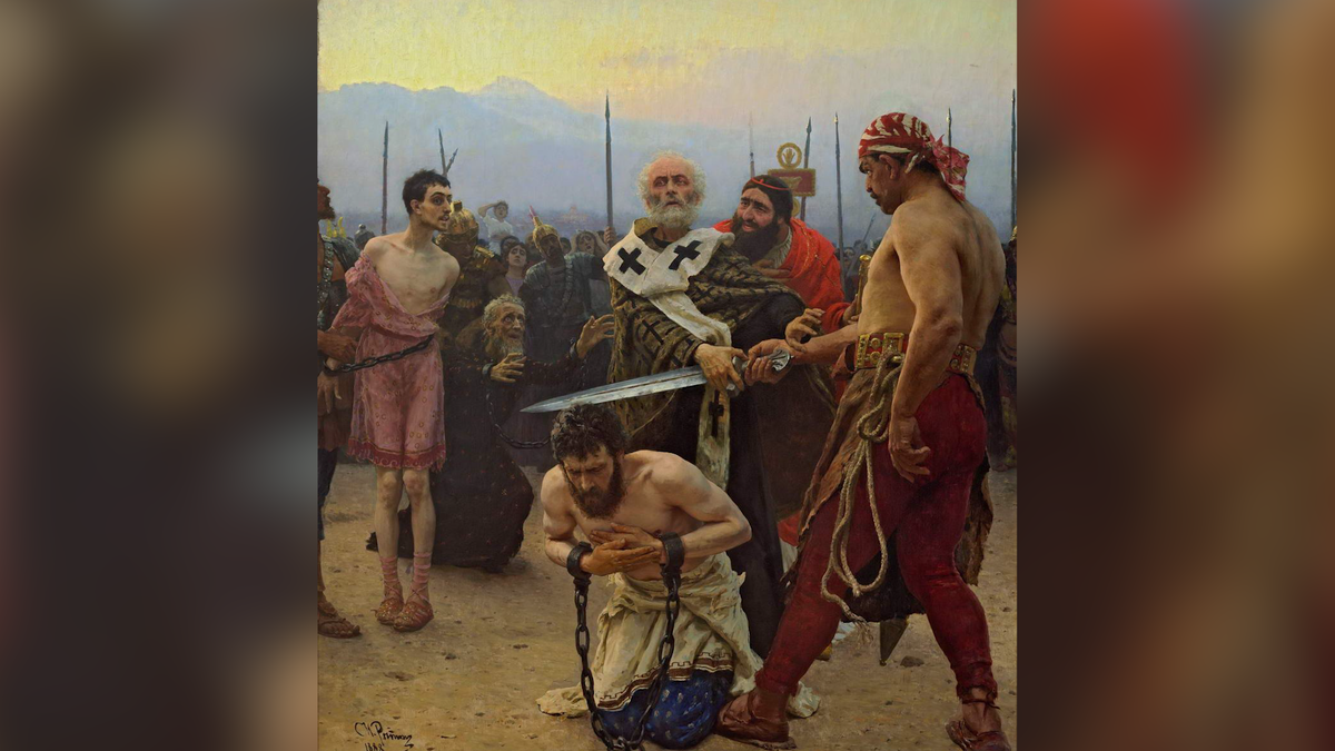 Фото: Картина Репина Ильи Ефимовича «Николай Мирликийский избавляет от смертной казни трех невинно осужденных», 1888 год