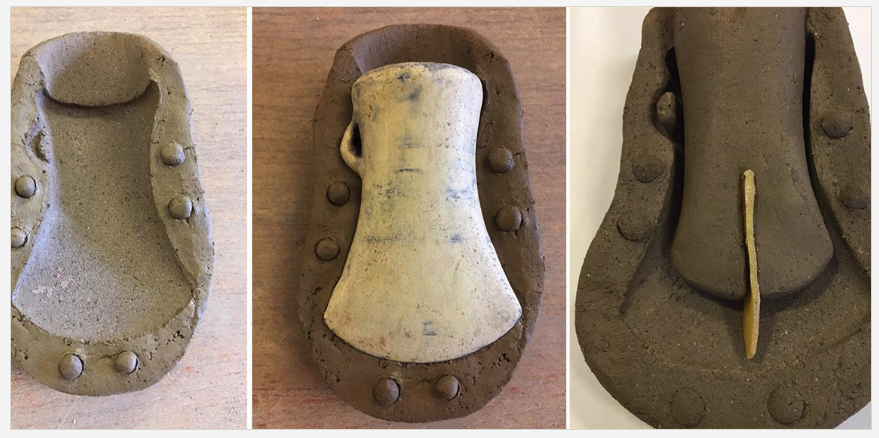 Разъёмная глиняная форма для отливки топора и центровка сердечника при помощи восковой пластины.  @Terry Runner https://exarc.net/ark:/88735/10490