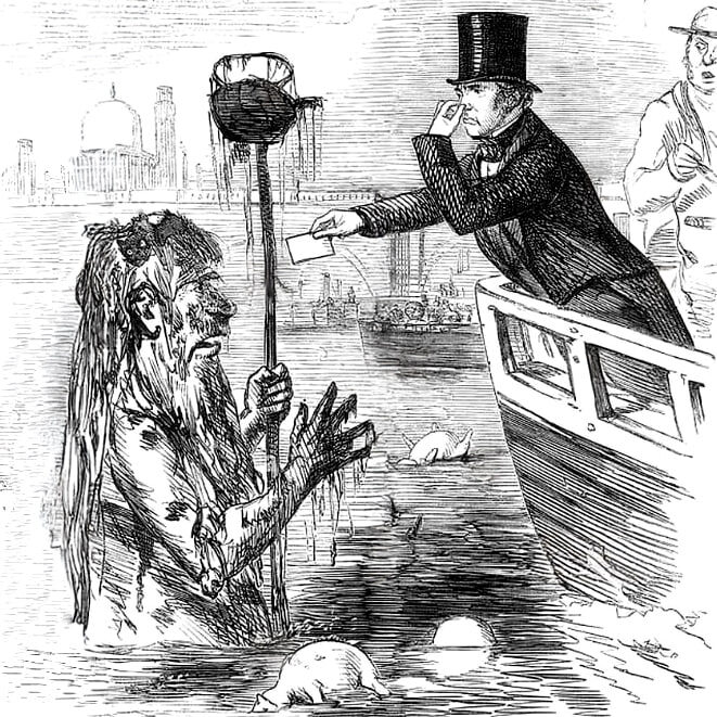 В июле 1855 года в газете «Таймс» была опубликована карикатура к письму Майкла Фарадея о состоянии Темзы, на которой учёный вручает свою визитную карточку «Отцу Темзе».