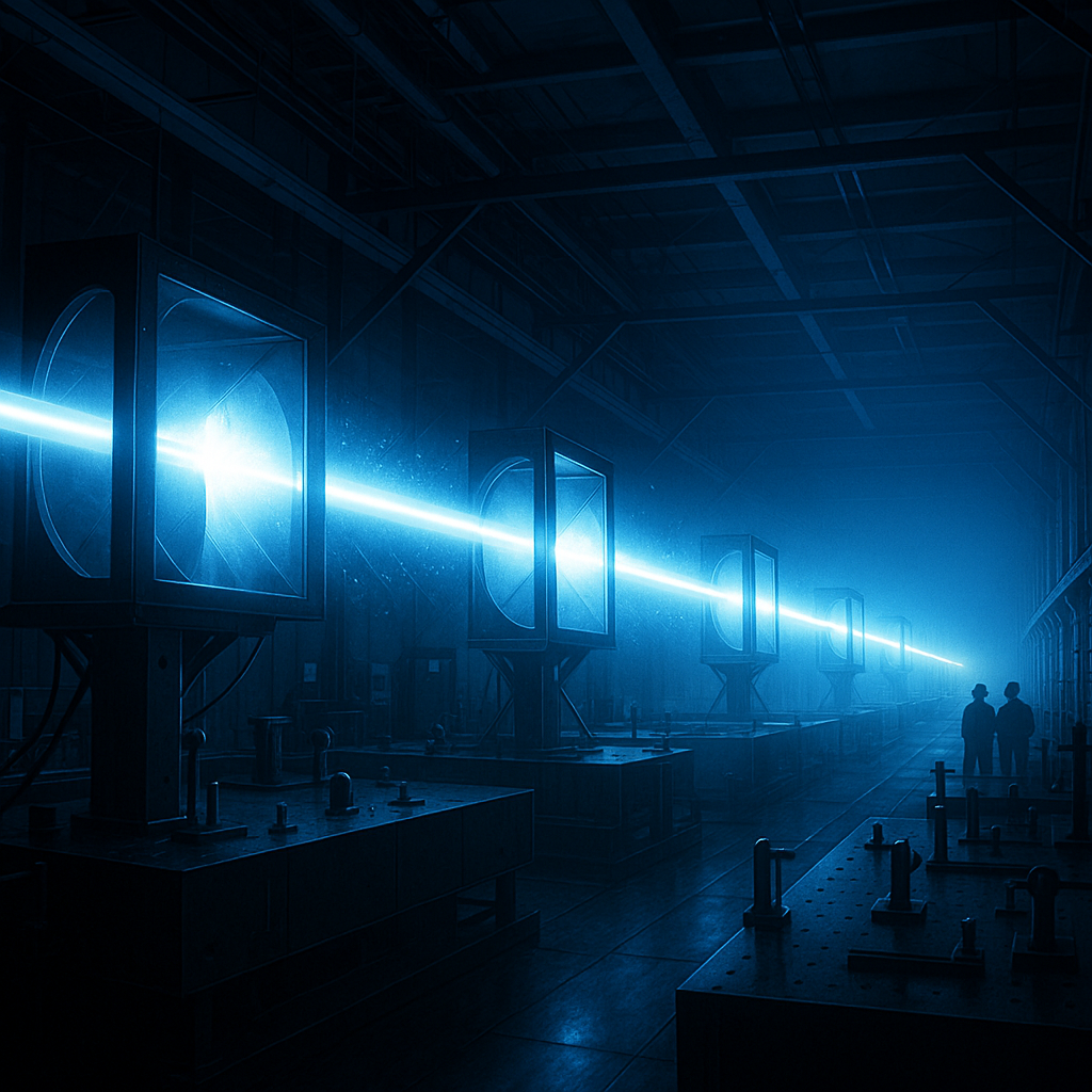 Сверкающий синевато-белый луч протягивается через тёмный индустриальный зал, отражаясь в массивных зеркалах, а люди-наблюдатели вдалеке демонстрируют масштаб и мощь двухпета­ваттного лазера ZEUS.