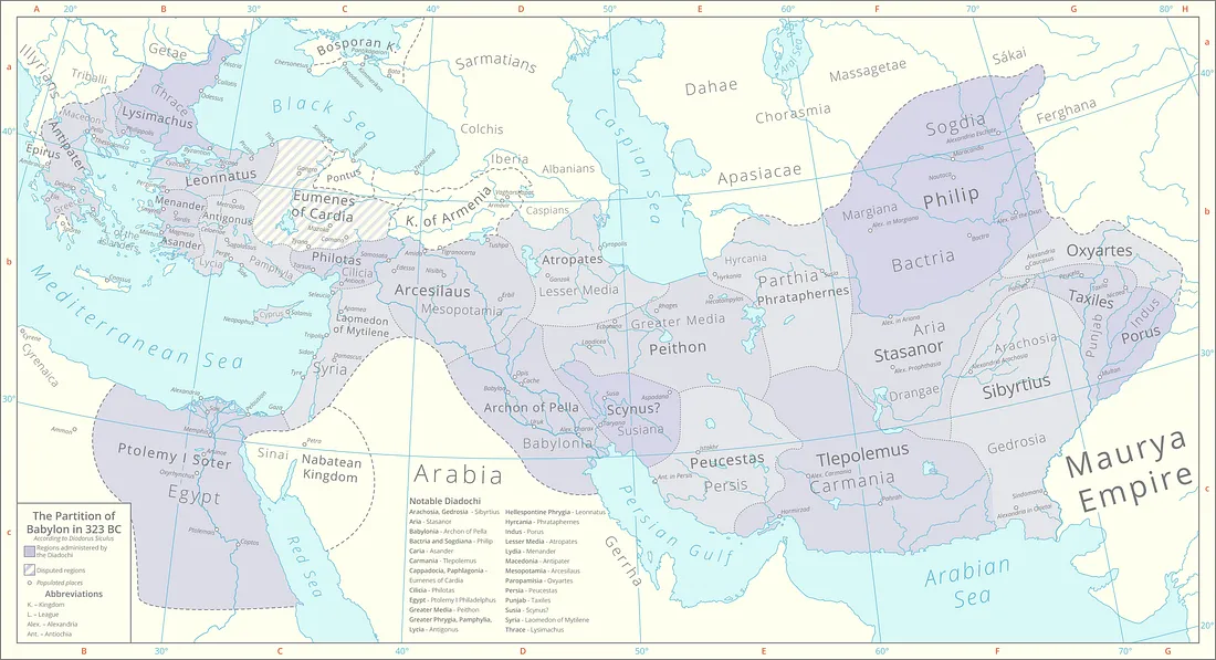 Карта распределения сатрапий согласно Вавилонскому разделу 323 г. до н. э.