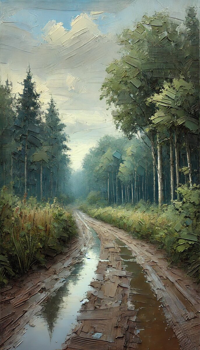 Дорога через лес после дождя