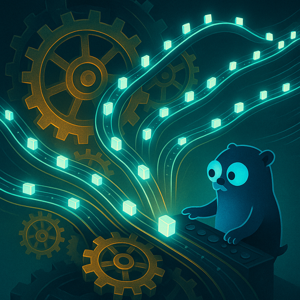 Голубой гофер-оператор направляет потоки светящихся «горутиных» кубиков через золотые шестерни и ленты конвейеров, наглядно показывая, как планировщик Go балансирует задачи.