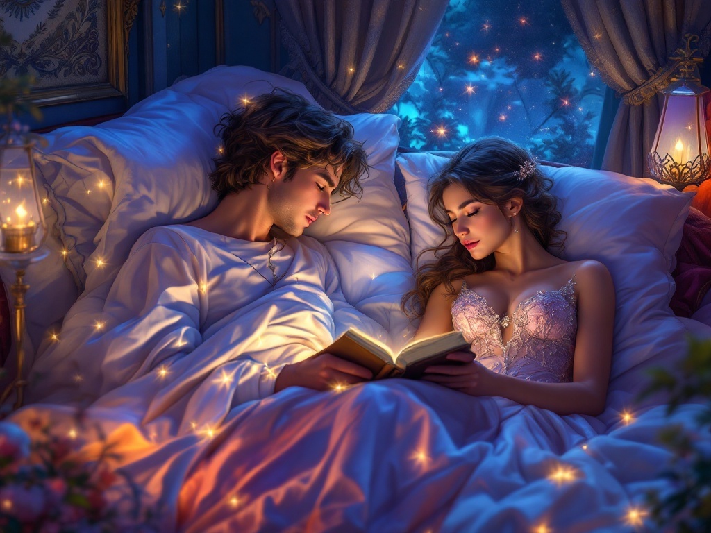    К чему такое снится: На картине изображён молодой человек, читающий книгу, и девушка, одетая в изысканное платье, слушающая его. Вокруг них элементы, указывающие на королевскую тематику,