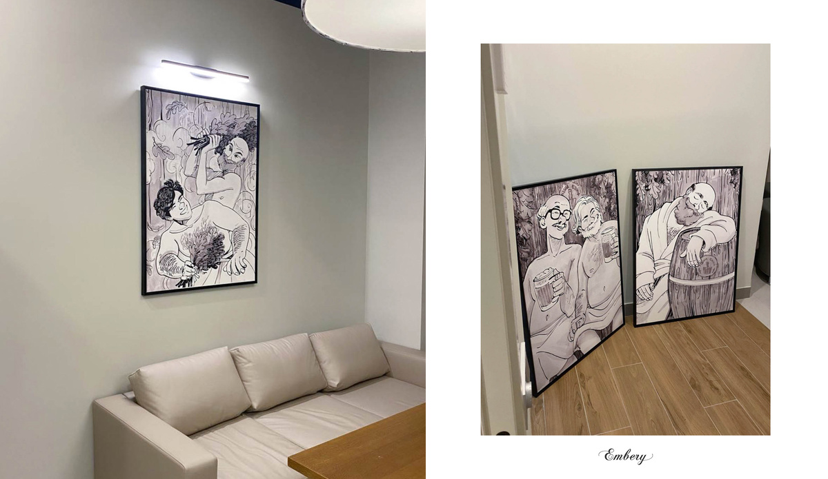 Готовые постеры оформлены в рамы и уже в пространстве бани перед монтажем