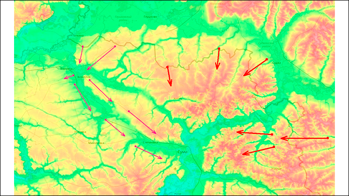    Предполагаемая схема возможного наступления на Сумы: красные стрелки - первый этап сжатия вражеской обороны; розовые - открытие Белопольского оперативного направления