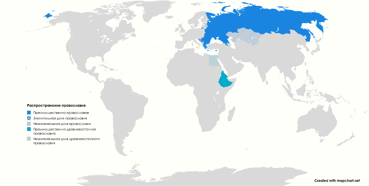Распространение византийского (голубой) и древневосточного (бирюзовый) православия.