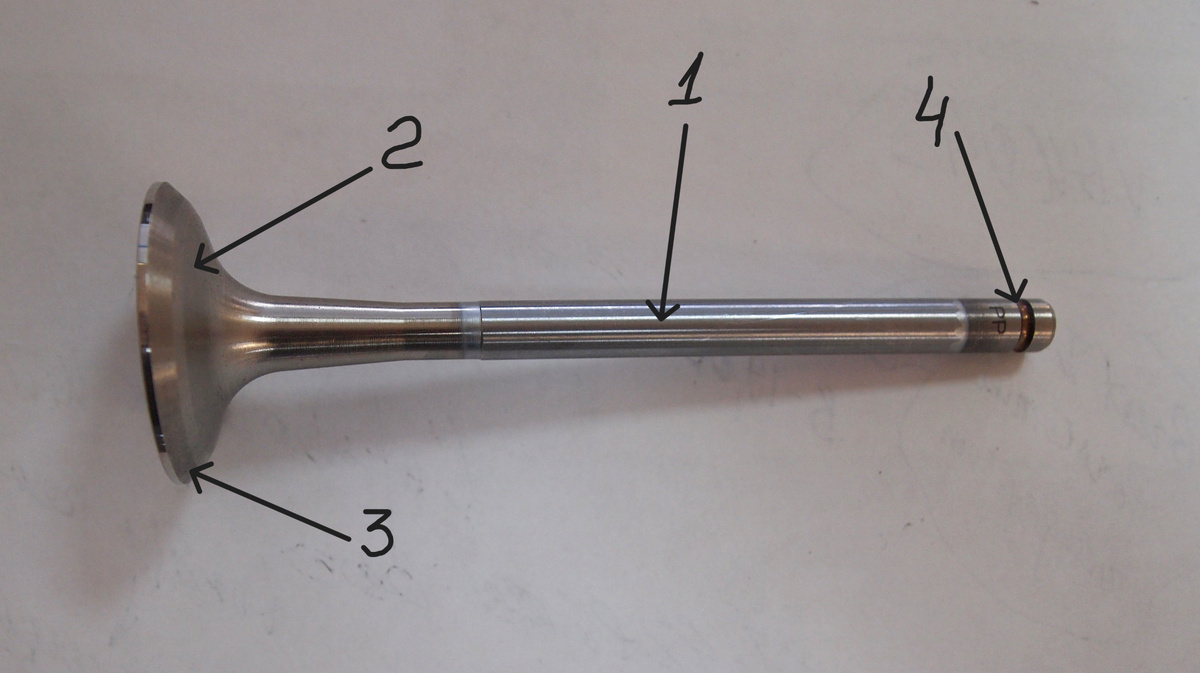 Клапан. Общий вид. 1-стержень клапана, 2-тарелка клапана, 3-рабочая фаска клапана, 4-канавка под сухарь. 