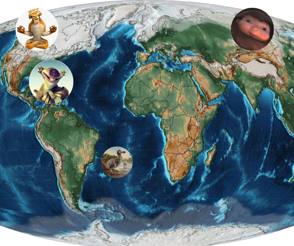 Карта материков плейстоцена с реальными местообитаниями героев