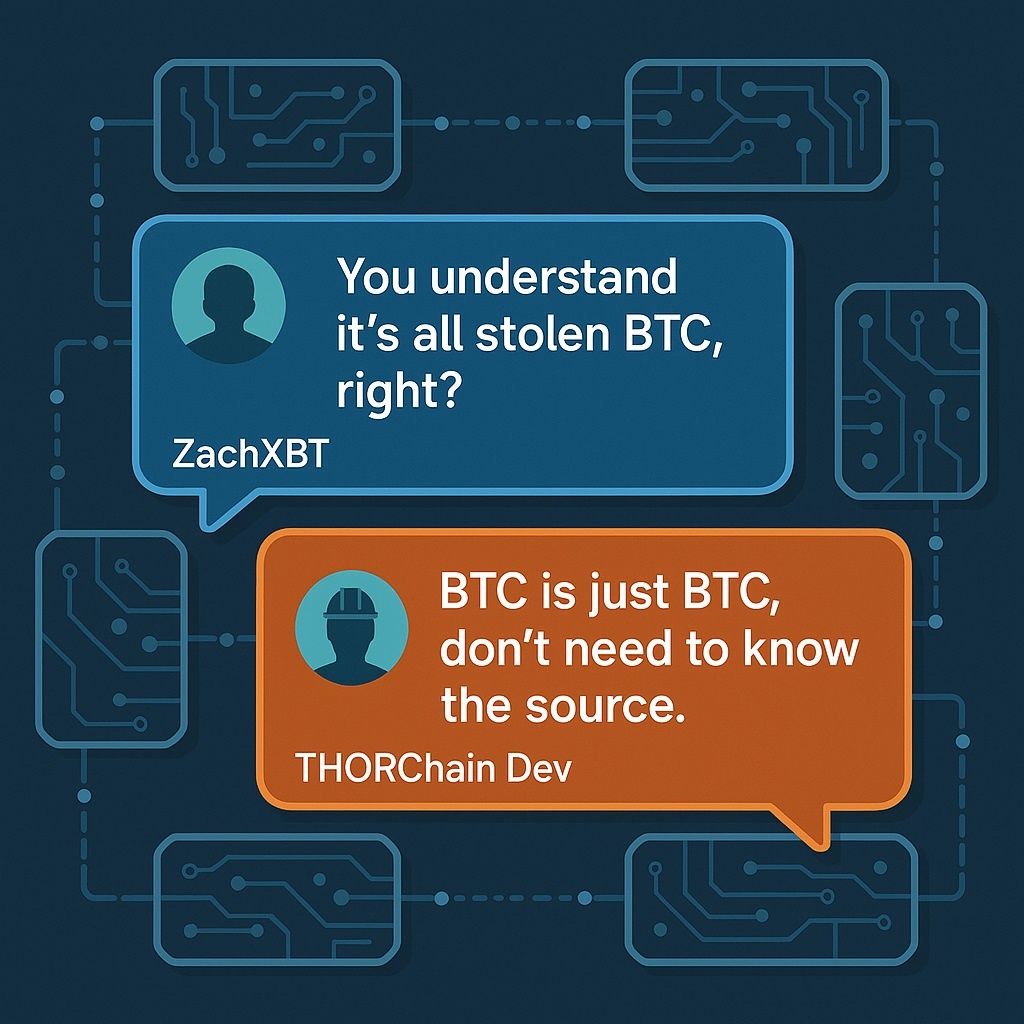 Иллюстрация спора между ZachXBT и разработчиком THORChain: один утверждает, что BTC украден, другой отвечает, что BTC остаётся BTC независимо от происхождения.