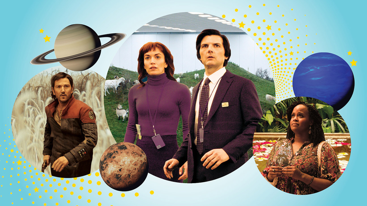 Слева направо: Диего Луна в «Андоре»; Бритт Лоуэр и Адам Скотт в «Сокращении»; Наташа Ротвелл в «Белом лотосе»
