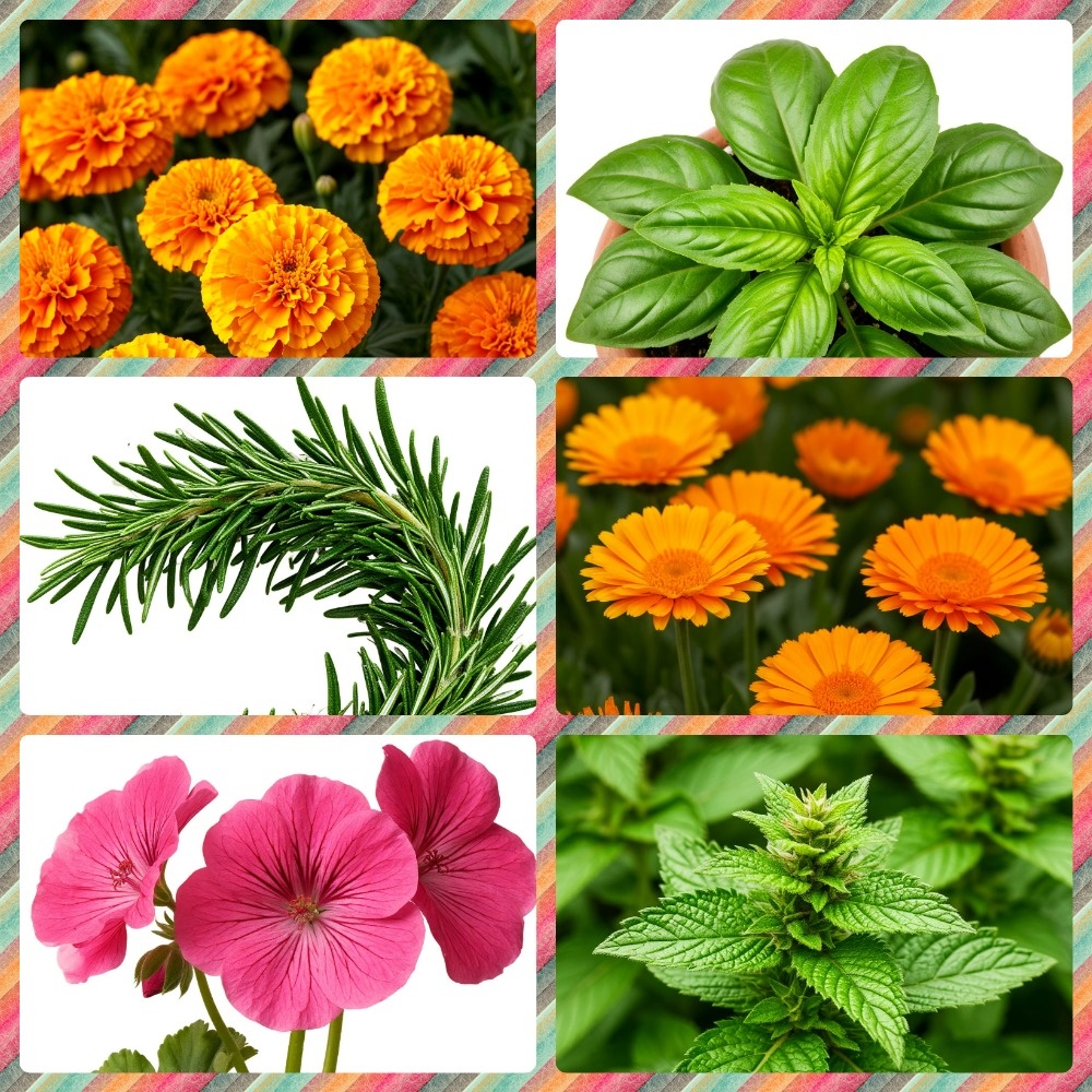 Бархатцы, базилик, розмарин, календула, герань, мелисса лекарственная