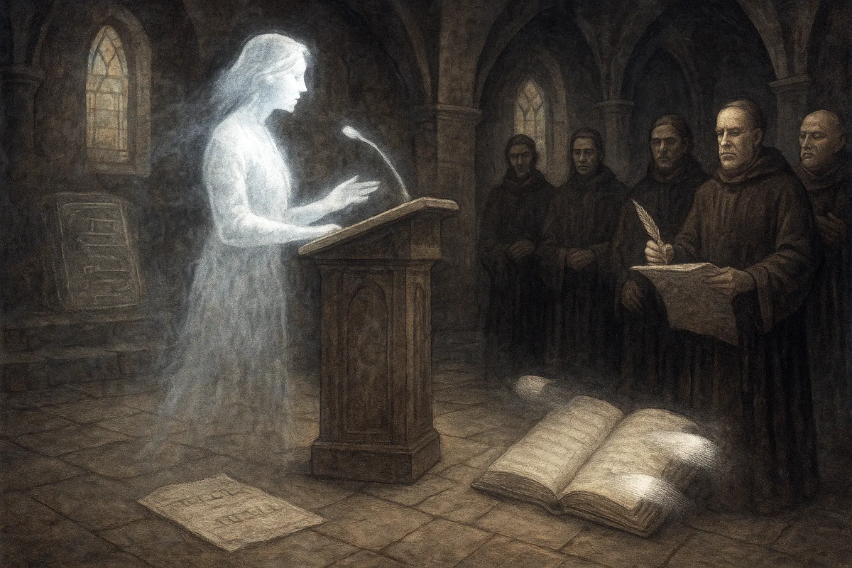 Призрачная фигура женщины, проповедующей в старинной церкви, постепенно исчезающая — символ того, как женщин вычеркнули из раннего христианства.