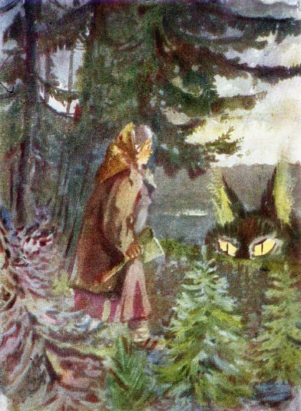 Иллюстрация к сказу П.П. Бажова "Кошачьи уши", художник Семён Ароновчи Гельберг, 1947