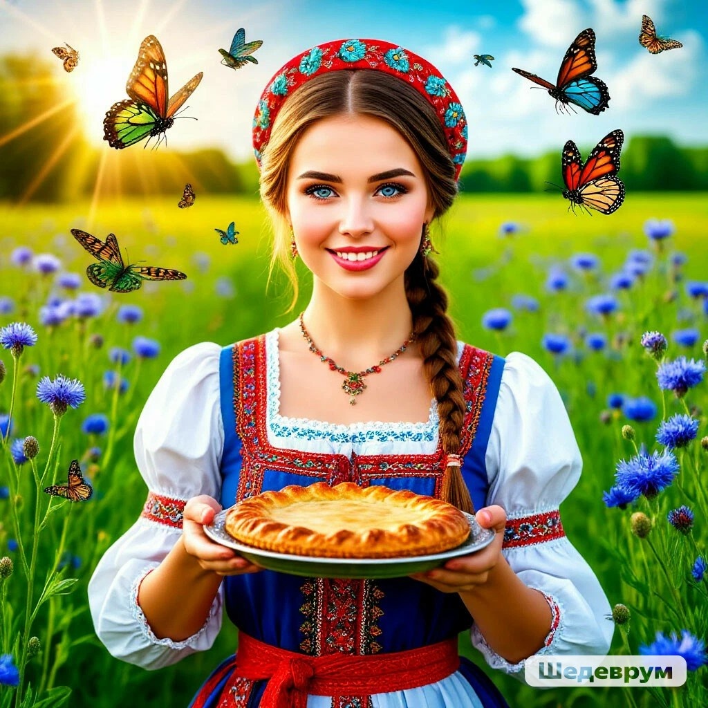 Ленивая Стряпуха приглашает всех угоститься пирогом. По версии нейросети Шедеврум на основе запроса автора.