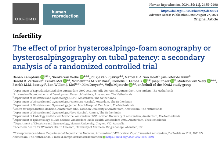 Kamphuis, D., van Welie, N., van Rijswijk, J., van Hooff, M. H. A., de Bruin, J. P., Verhoeve, H. R., Mol, F., van Baal, W. M., Lambalk, C. B., Stoker, J., van Wely, M., Bossuyt, P. M. M., Mol, B. W. J., Dreyer, K., Mijatovic, V., & FOAM study group (2024). The effect of prior hysterosalpingo-foam sonography or hysterosalpingography on tubal patency: a secondary analysis of a randomized controlled trial. Human reproduction (Oxford, England), 39(11), 2485–2490. https://doi.org/10.1093/humrep/deae194