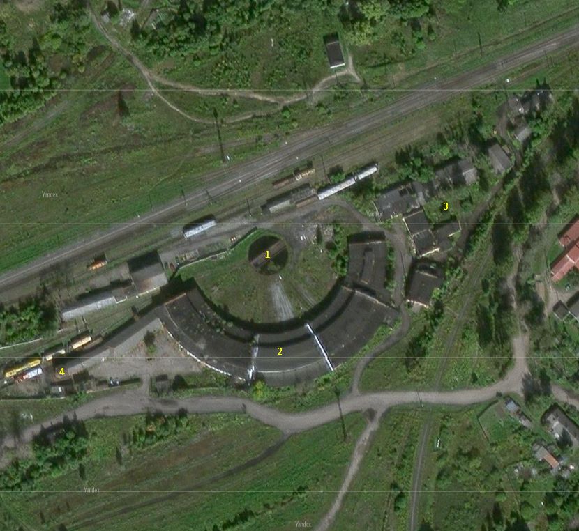 Депо со спутникового снимка. 1 - поворотный круг; 2 - депо; 3 - мастерские; 4 - башня между вокзалом и депо.