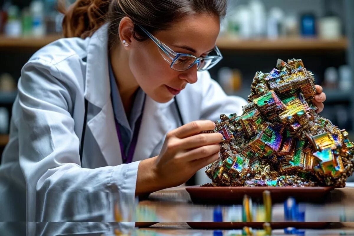 Яркая цветовая гамма и замысловатая форма кристаллов висмута привлекают внимание не только ученых, но и художников. Фото: Нейросеть shedevrum.ai