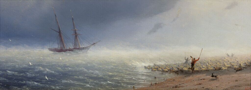Иван Айвазовский. Овцы, загоняемые бурею в море. Ок. 1855. Третьяковская галерея, Москва