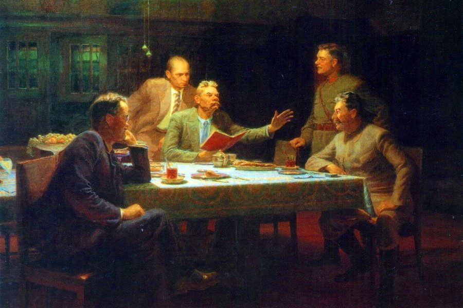 Яр-Кравченко (Кравченко) А. Н. Горький читает Иосифу Сталину, Клименту Ворошилову и Вячеславу Молотову свою сказку «Девушка и смерть»