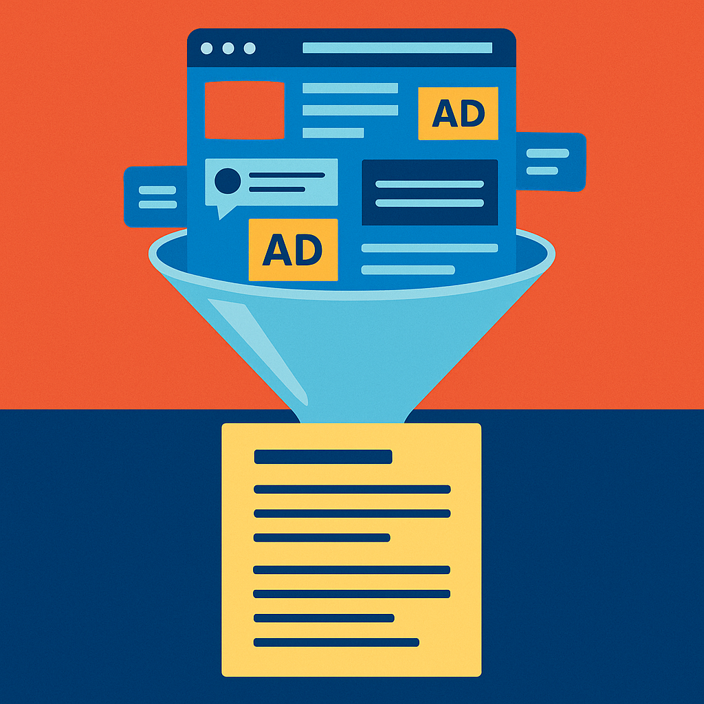 На иллюстрации переполненная элементами веб-страница проходит через воронку-фильтр и превращается в чистый лист с основным текстом — визуальная метафора работы Defuddle, убирающего весь «шум» и оставляющего только полезное содержимое.