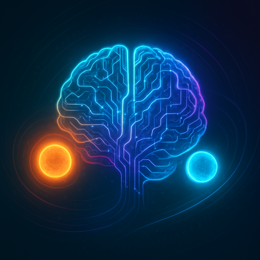 Светящаяся нейросеть-мозг с двумя орбитальными сферами символизирует появление двух новых моделей Claude четвёртого поколения — Opus 4 и Sonnet 4.