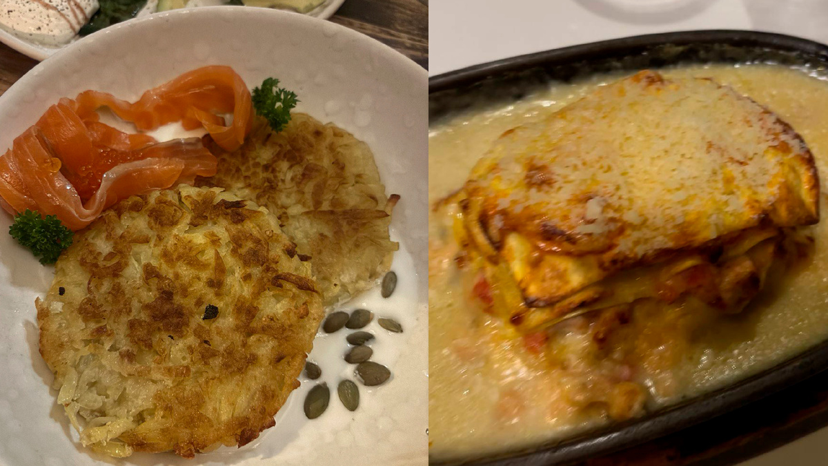 Драники с красной рыбой и икрой, на втором фото - рыбная лазанья в луковом соусе