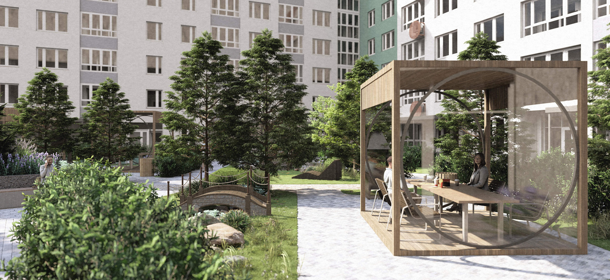 Двор в «Эпитетах» станет продолжением личного пространства. Здесь будут беседки для тихого отдыха, прогулочные маршруты и тематические площадки