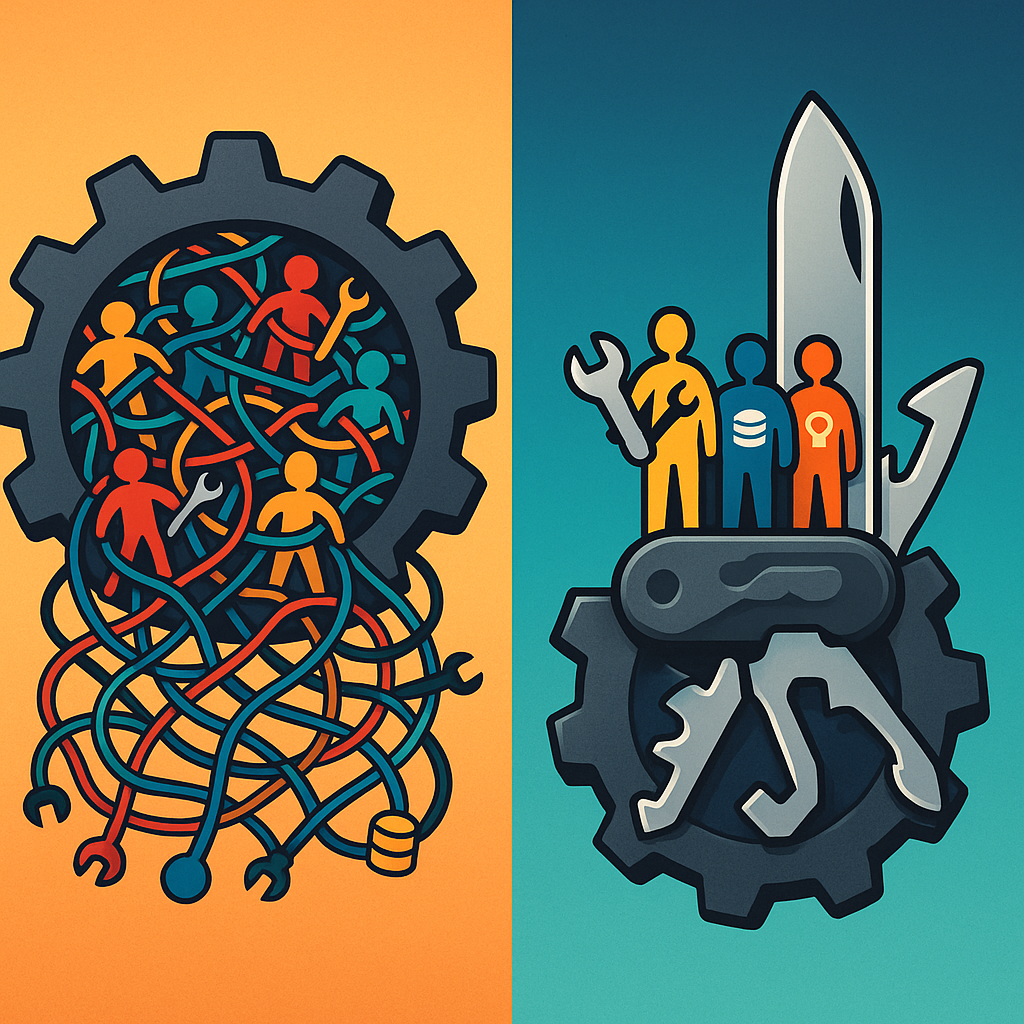 Переполненная шестерня, запутанная проводами и фигурами, превращается в швейцарский нож с компактной многофункциональной командой — визуальная метафора того, как разделение и универсализм делают большую команду снова эффективной.