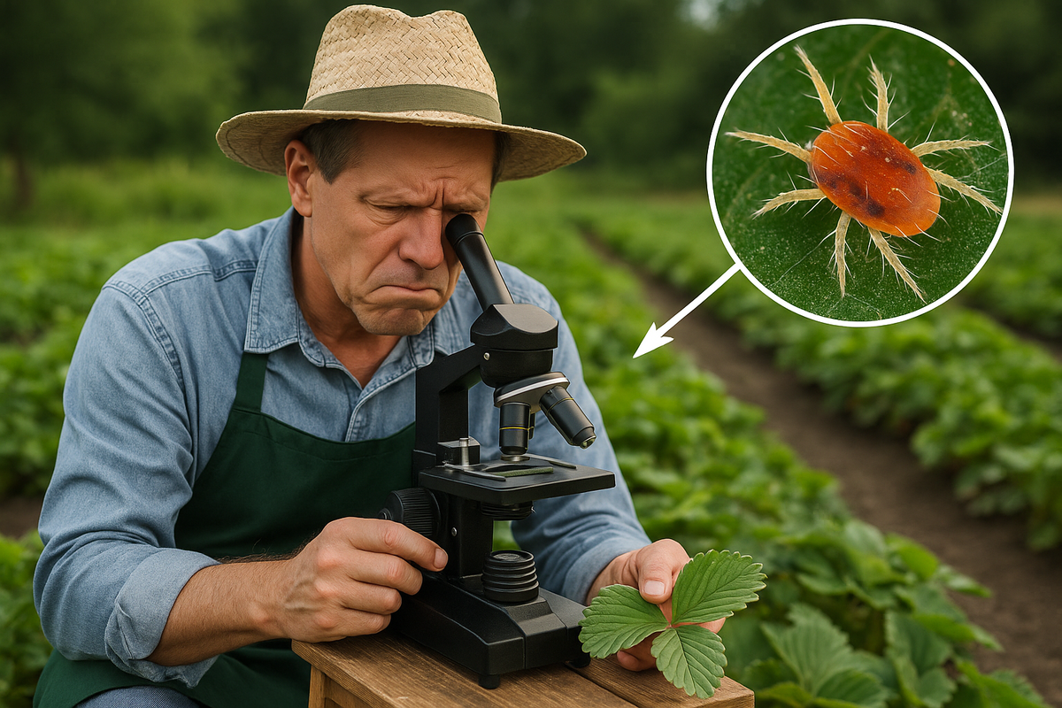 Дачник изучает лист клубники под микроскопом: выявлен паутинный клещ — главный вредитель ягодника