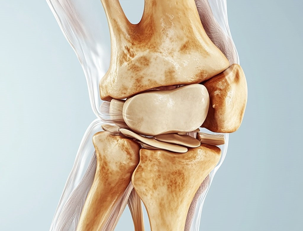 Иллюстрация артроза: коленный сустав в разрезе, хрящевая ткань изношена, идет воспалительный процесс, суставная щель сужена