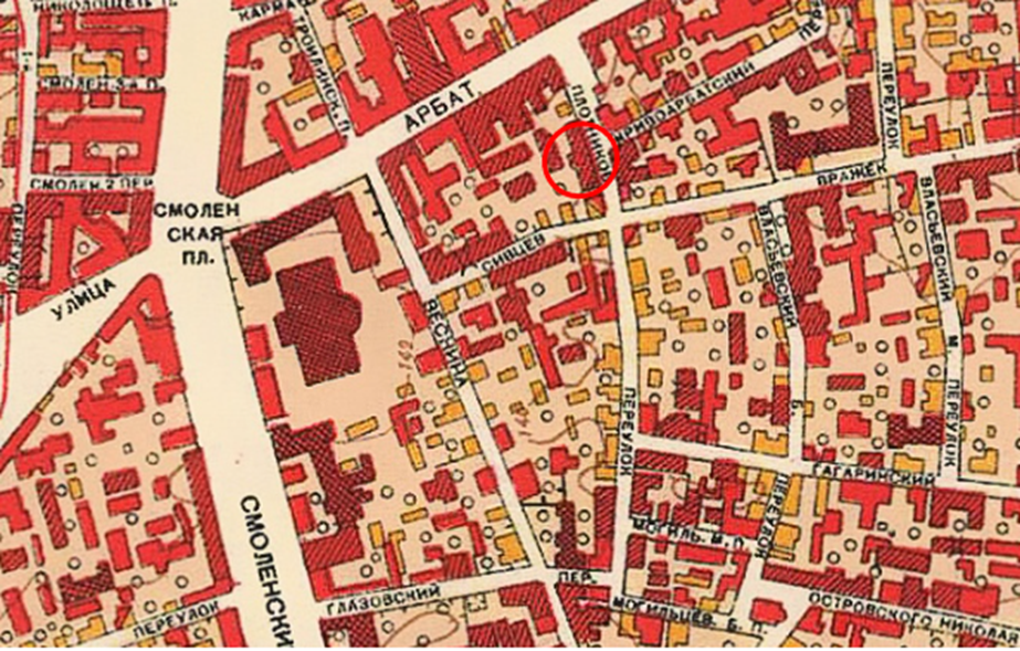 План Москвы. Фрагмент. Период создания: 1952 г. Красным цветом примерно обозначено местоположение Объекта. Источник: https://retromap.ru/051952_55.801703,37.581331