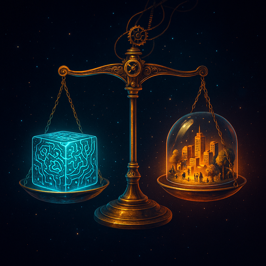 Золотые весы в космосе уравновешивают сияющий куб-«мозг» ИИ и миниатюрный город под стеклянным куполом — символ поиска гармонии между мощью машин и человеческими ценностями.