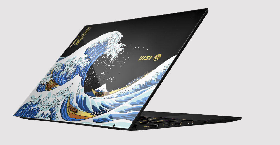   Крышка ноутбука MSI Prestige 13 AI+ Ukiyo-e Edition с произведением искусства Кацусики Хокусая