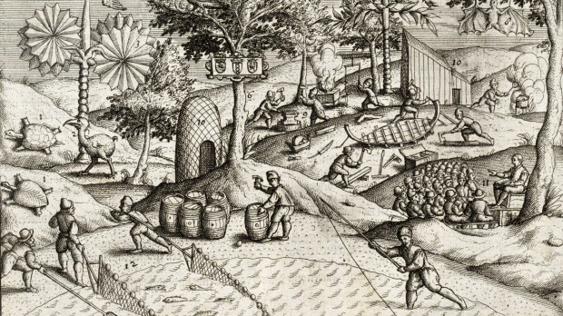 Голландцы на берегу Маврикия, под цифрой 2 слева — первое опубликованное изображение додо. Фото: https://ru.wikipedia.org
