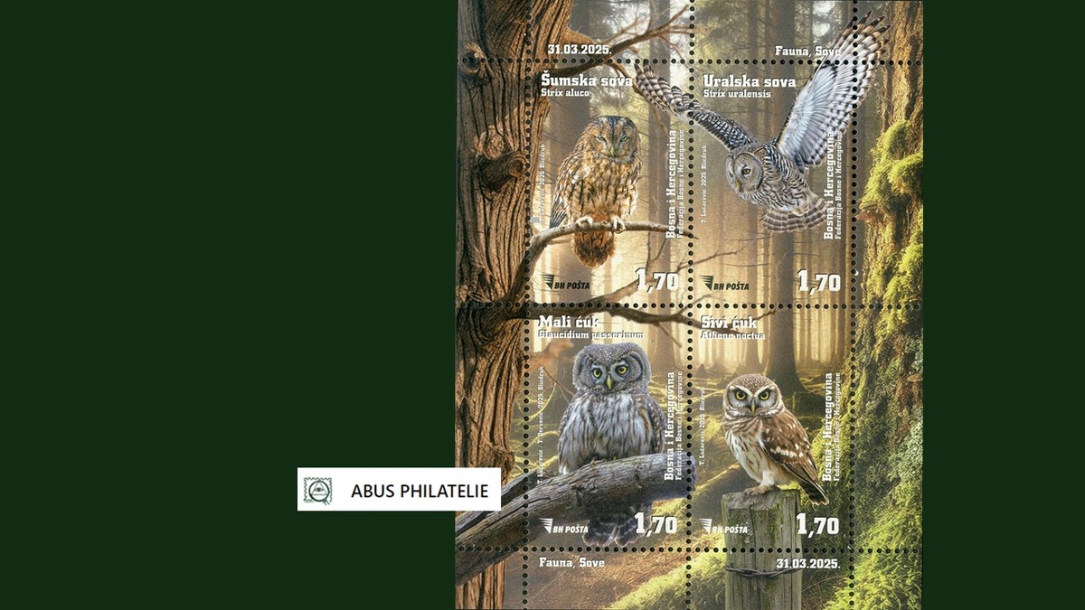 почтовые марки Боснии и Герцеговины серии «Совы», минилист, 2025 год