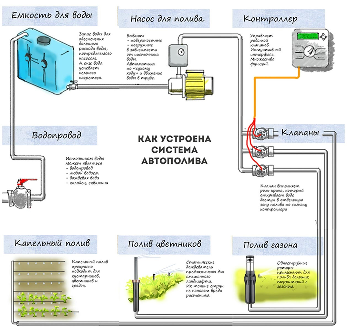 Схема устройства системы автоматического полива