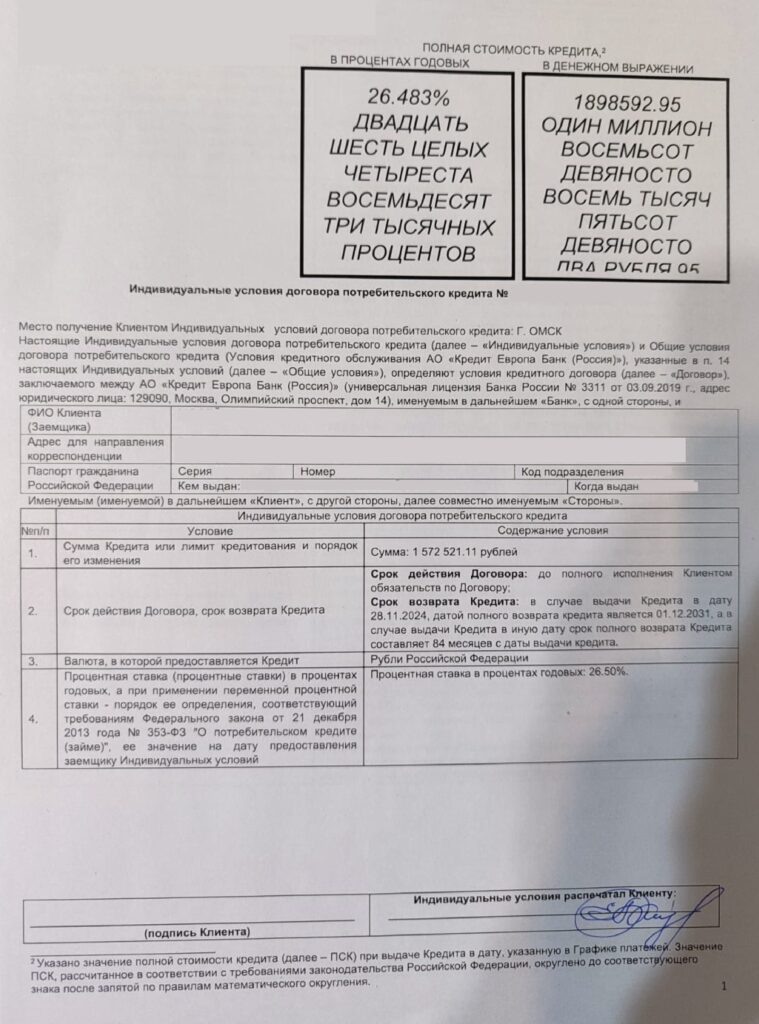 Кредитный договор с АО "Кредит Европа Банк"