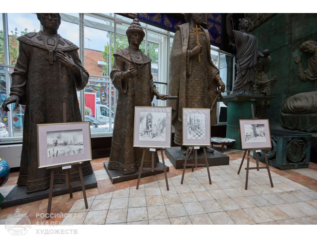 Фрагмент выставки «Линия горизонта» в зале «Яблоко» МВК РАХ Галереи искусств Зураба Церетели (Москва, Пречистенка, 19). Фото: Виктор Берёзкин, пресс-служба РАХ. 2025.