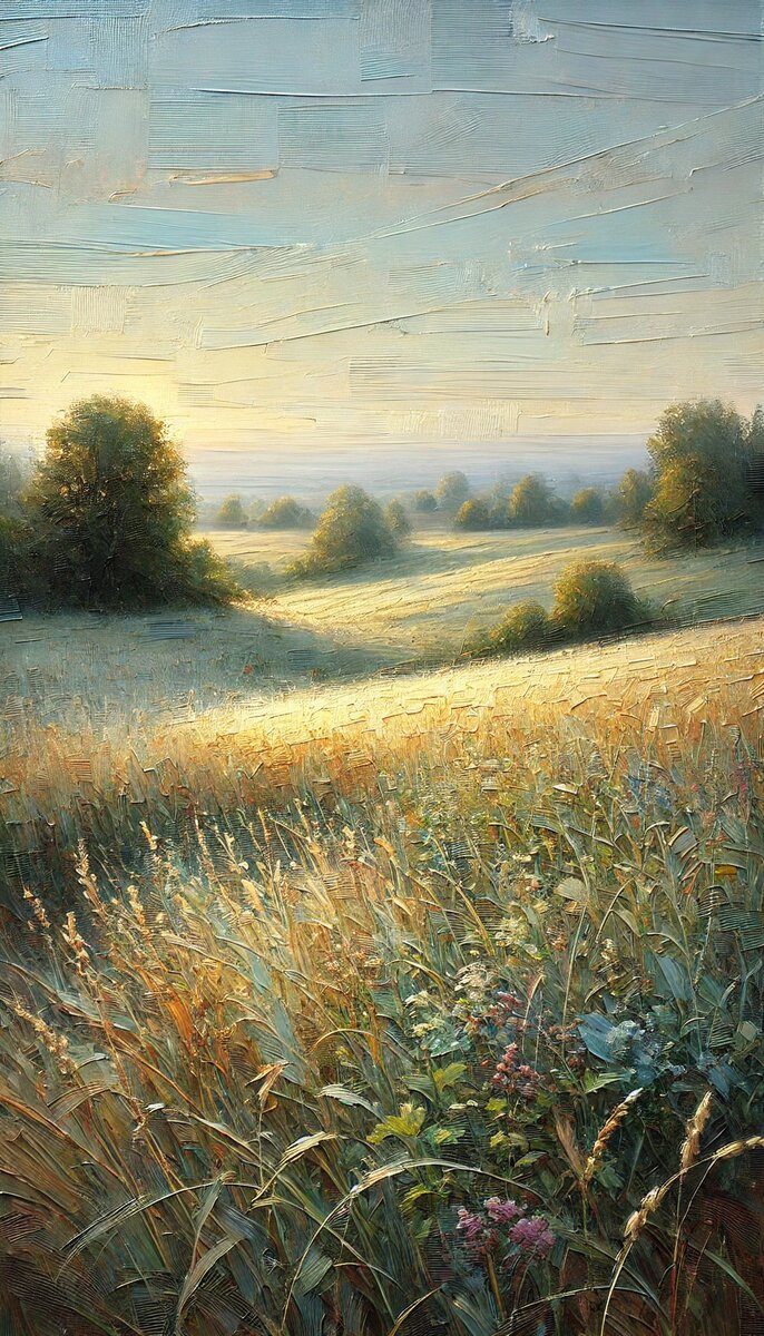 Летнее поле на рассвете в мягких, приглушённых тонах