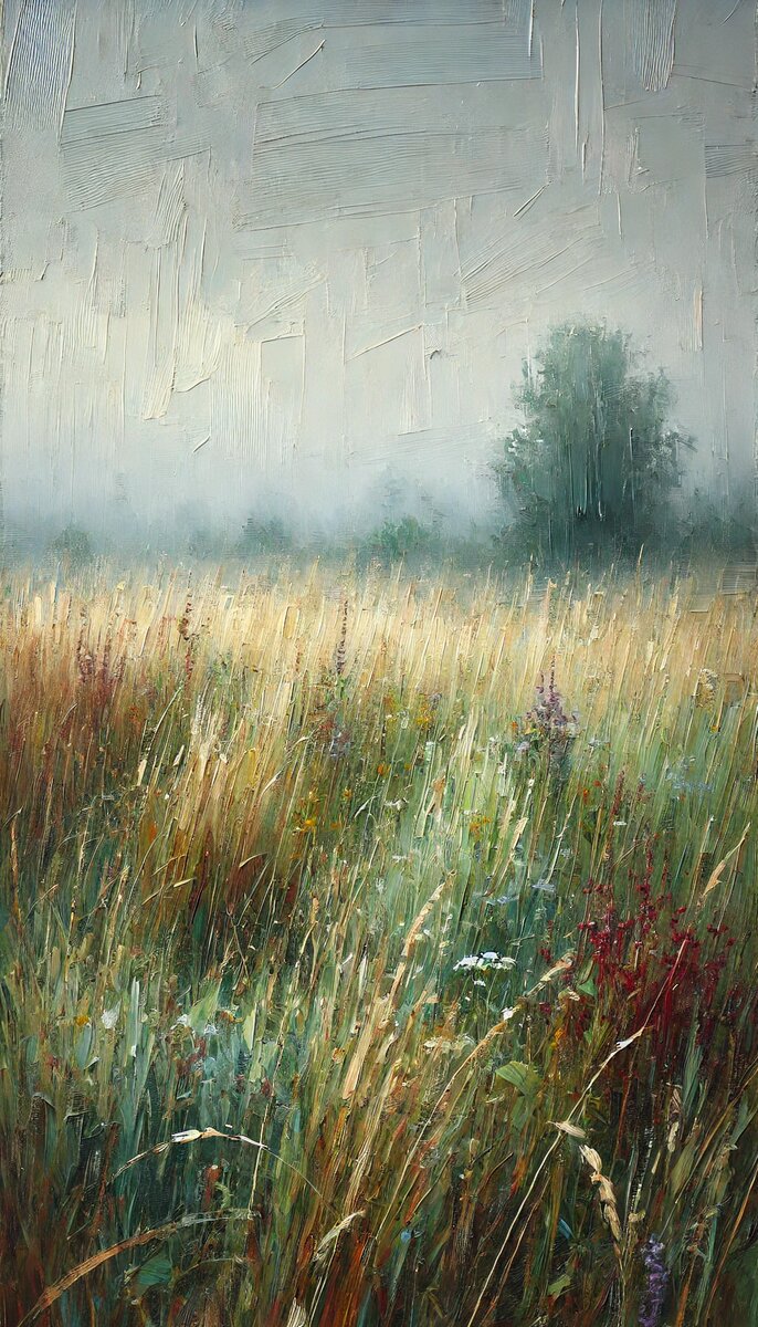 Густая высокая трава в туманном поле