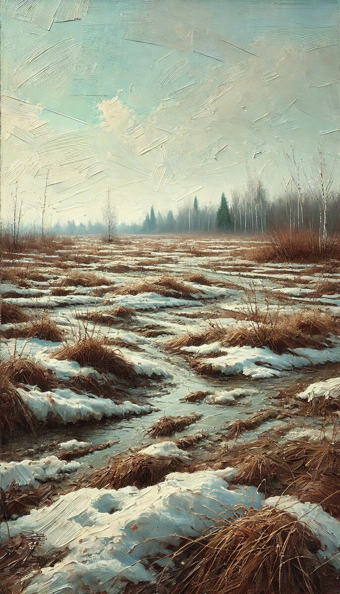 Ранняя весна, поле с тающим снегом и влажной землёй