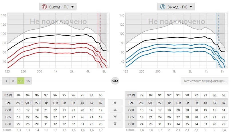 Пример. Полученные расчеты целевого выхода СА. Справа уровни максимального звукового давления (черная линия) рассчитаны из тональных порогов восприятия. Слева максимальный УЗД (черная линия) установлен при пересчете порогов дискомфорта в дБ ПС в дБ УЗД слухового аппарата