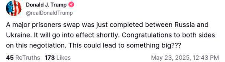    Трамп поспешил "застолбить" успешный обмен за собой. Скриншот соцсети