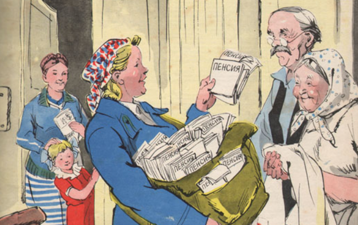 - Теперь почтальонам, поди, тяжелей стало? - Зато вам будет легче! Журнал "Крокодил" 1956 год